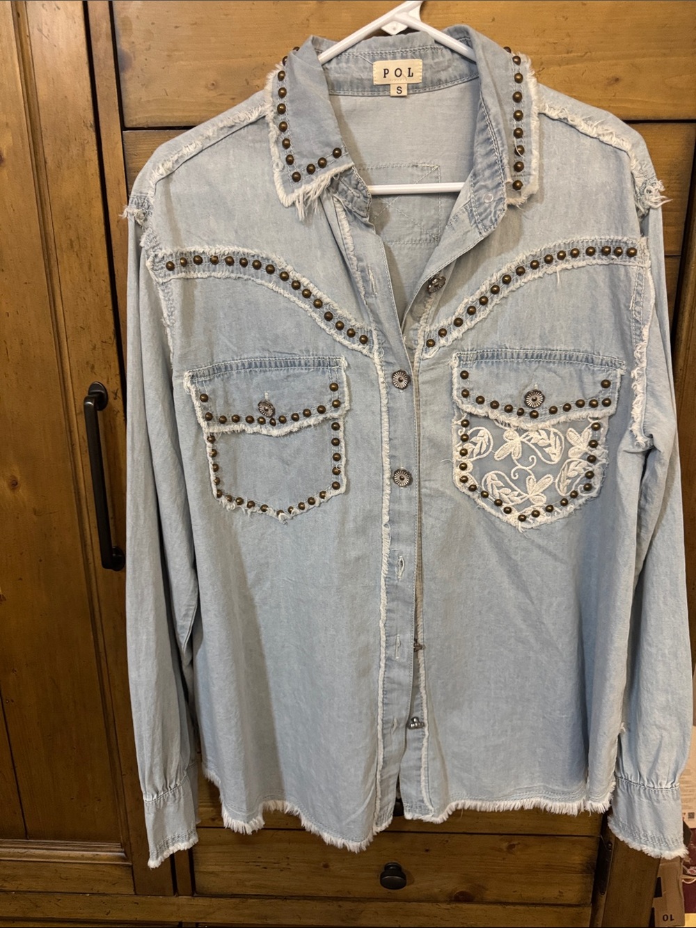 POL Light Blue Studded Denim Shirt with Embroidered Pocket